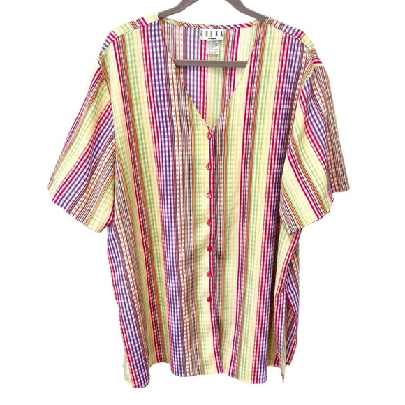Vintage Top Women's 3X Dopamine Rainbow Stripe Button Down Tunic - Picture 1 of 7